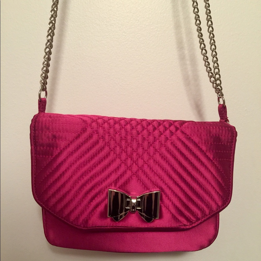 Express pink bag fuchsia pink satin bag chain crossbody bag satin bag silver bow